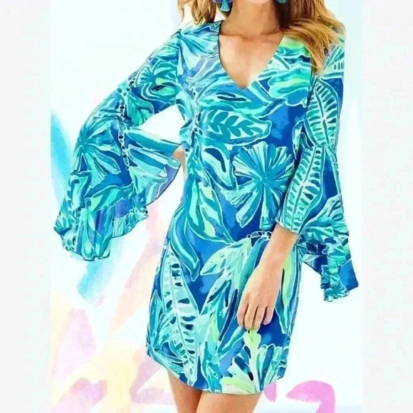 Lilly Pulitzer Rosalia Beckon Blue Palm Passage Crepe Flounce Sleeves size 6 - Picture 1 of 13